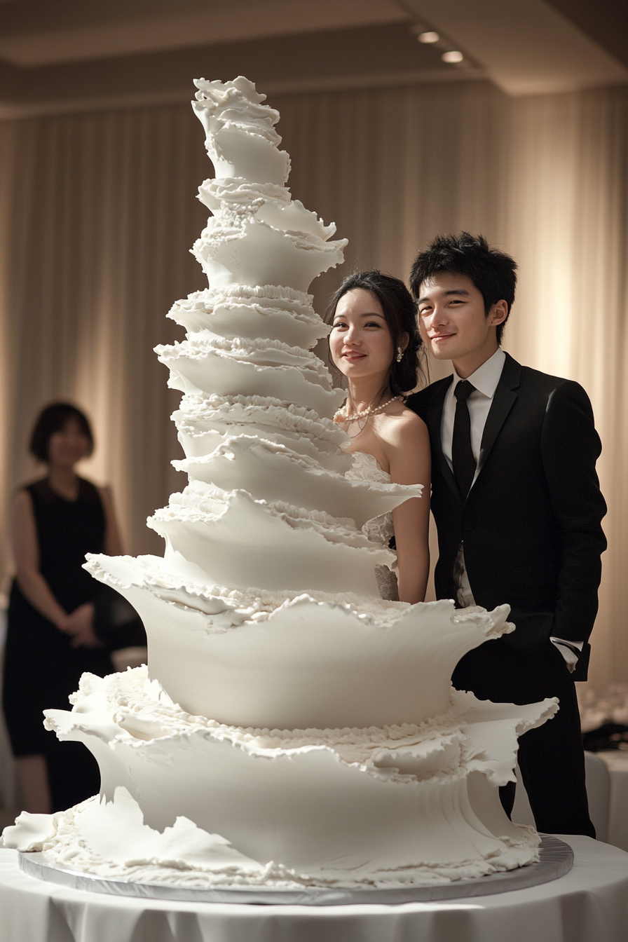 Oversized wedding cake. Tiered, asymmetrical, height-matching couple, unique shapes.