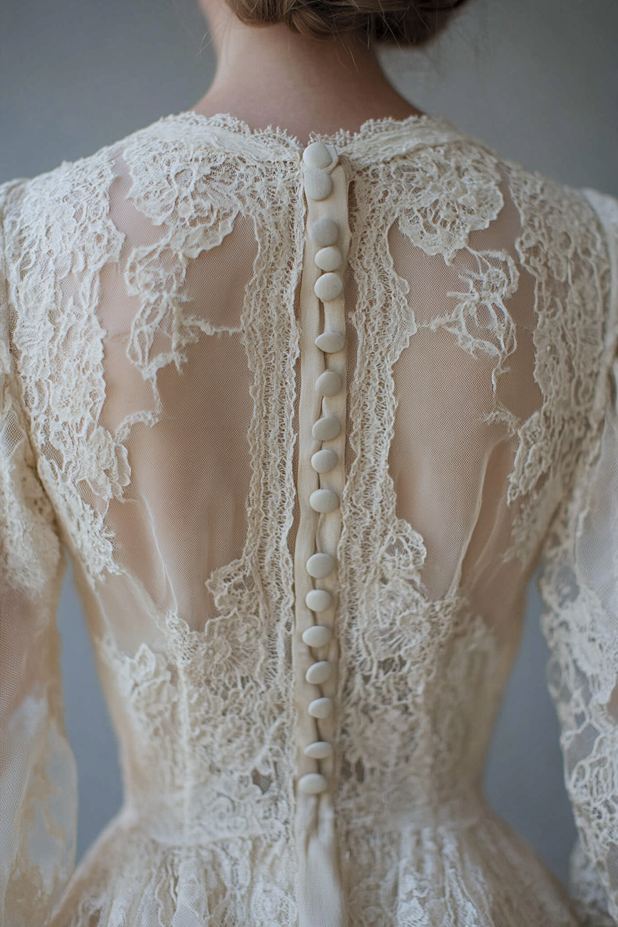 Bridal gown. Cotton lace overlay, prairie sleeves, vintage button back