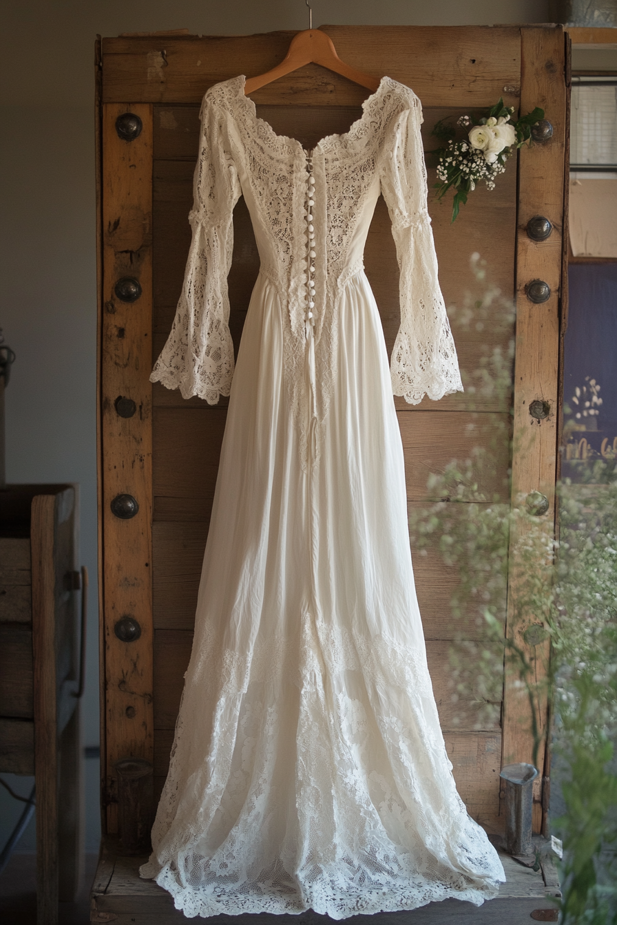 Bridal gown. Cotton lace overlay, prairie sleeves, vintage button back.