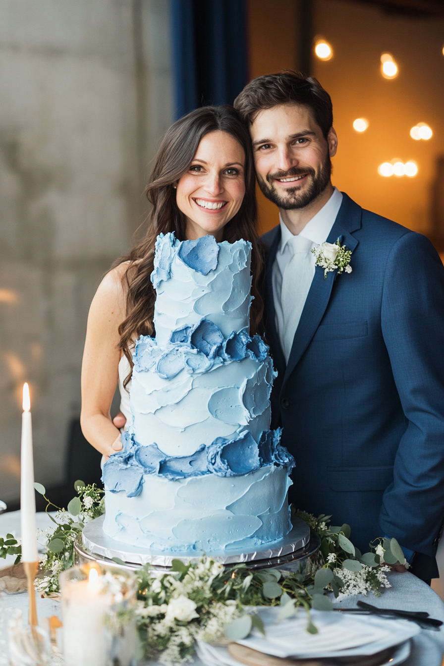 Oversized tiered wedding cake. Unique asymmetrical sapphire frosting echoing couple's height.