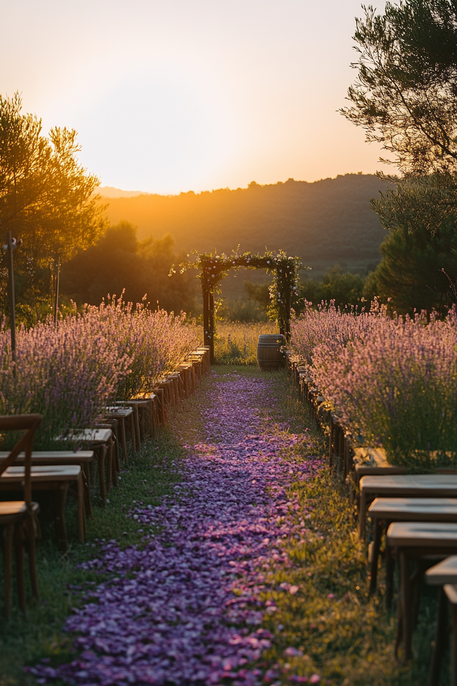 Wedding design. Sunset provence field with purple wave aisle and honey bee station.