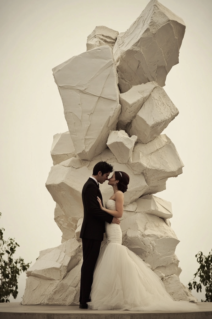 Wedding cake. Oversized, tiered, asymmetrical shapes, reaching the couple's height.