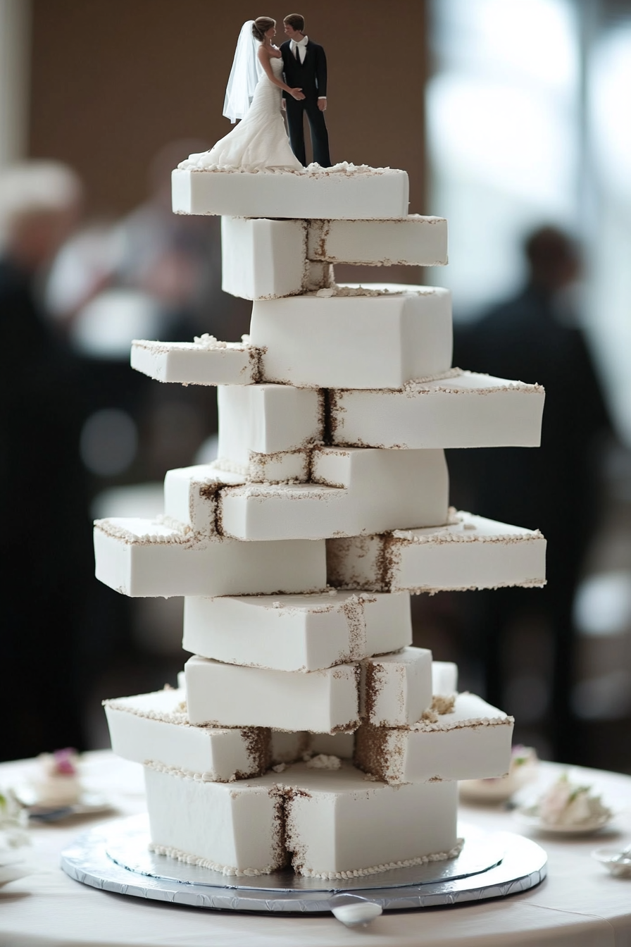 Wedding cake. Oversized, tiered, asymmetrically-shaped to match a couple's height.