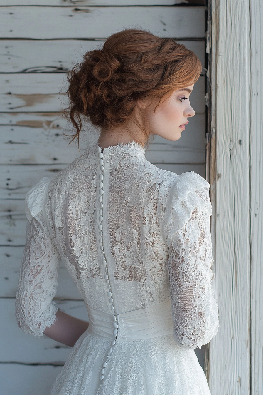 Bridal gown. Cotton lace overlay with prairie sleeves and vintage button back.