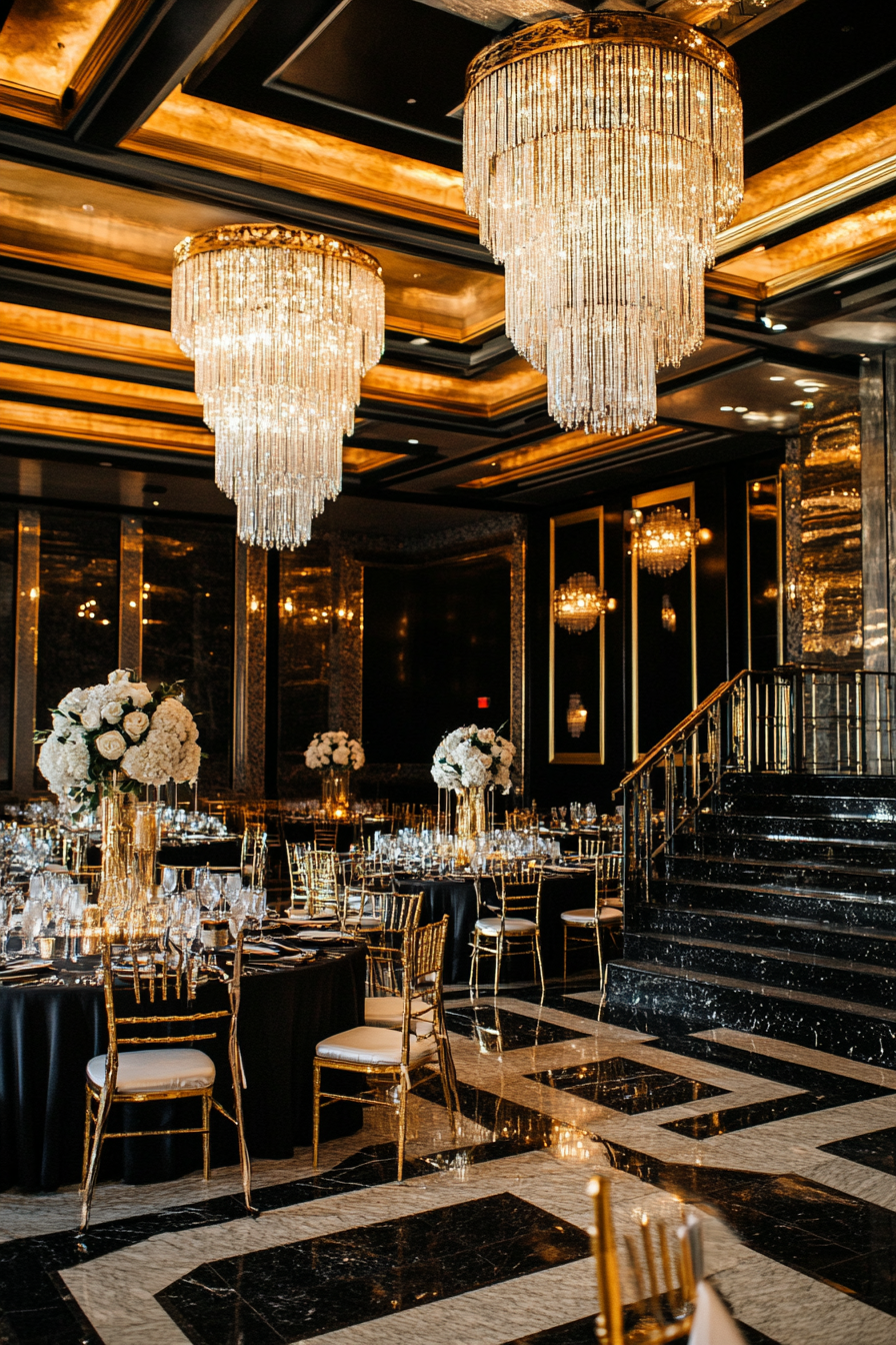 Wedding aesthetic. Gold geometric patterns on black marble beneath crystal chandeliers and stepped ceiling.