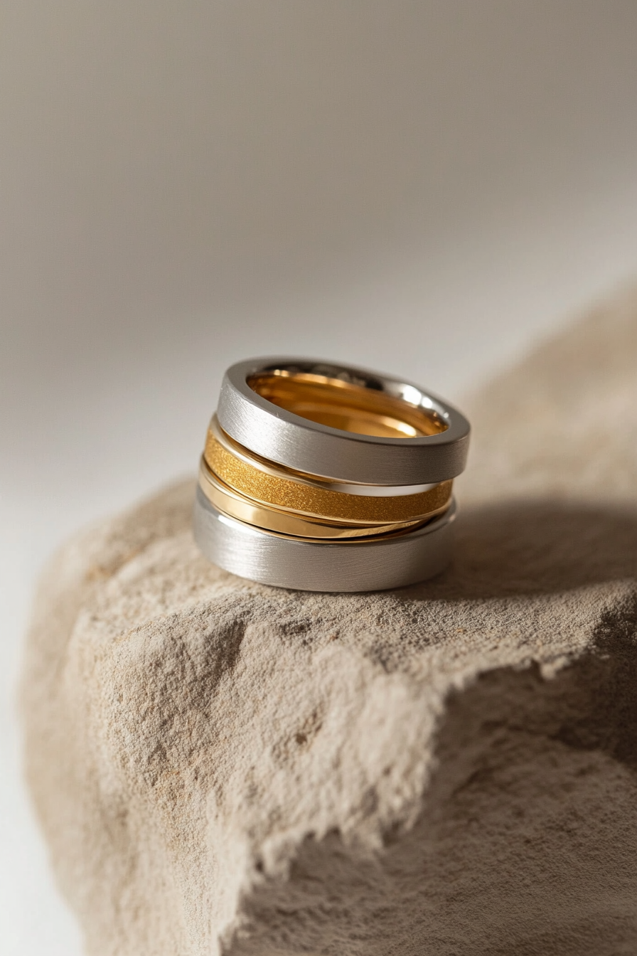 Wedding ring. Tiered silver and gold finish with rounded inside, minimalistic prism motifs.