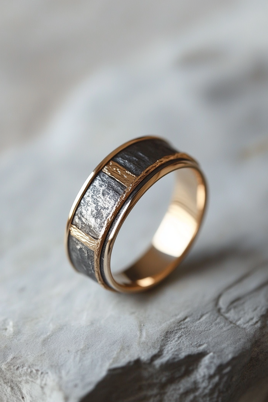 Wedding ring. Mixed metal layers, comfort-fit interior, subtle geometric texture details.