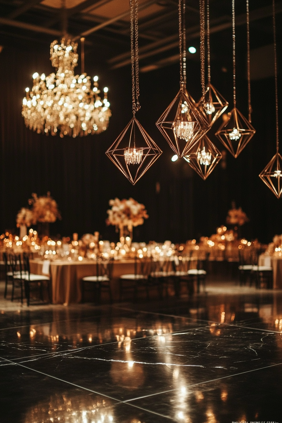 Wedding aesthetic. Gold geometric hanging candles, black marble dance floor beneath crystal chandeliers.