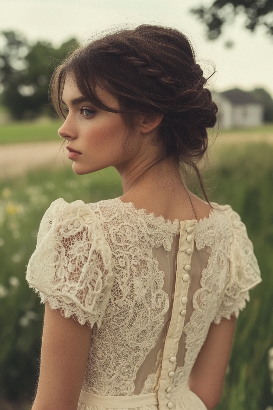 Bridal gown. Cotton lace overlay, prairie sleeve, vintage-inspired button back.