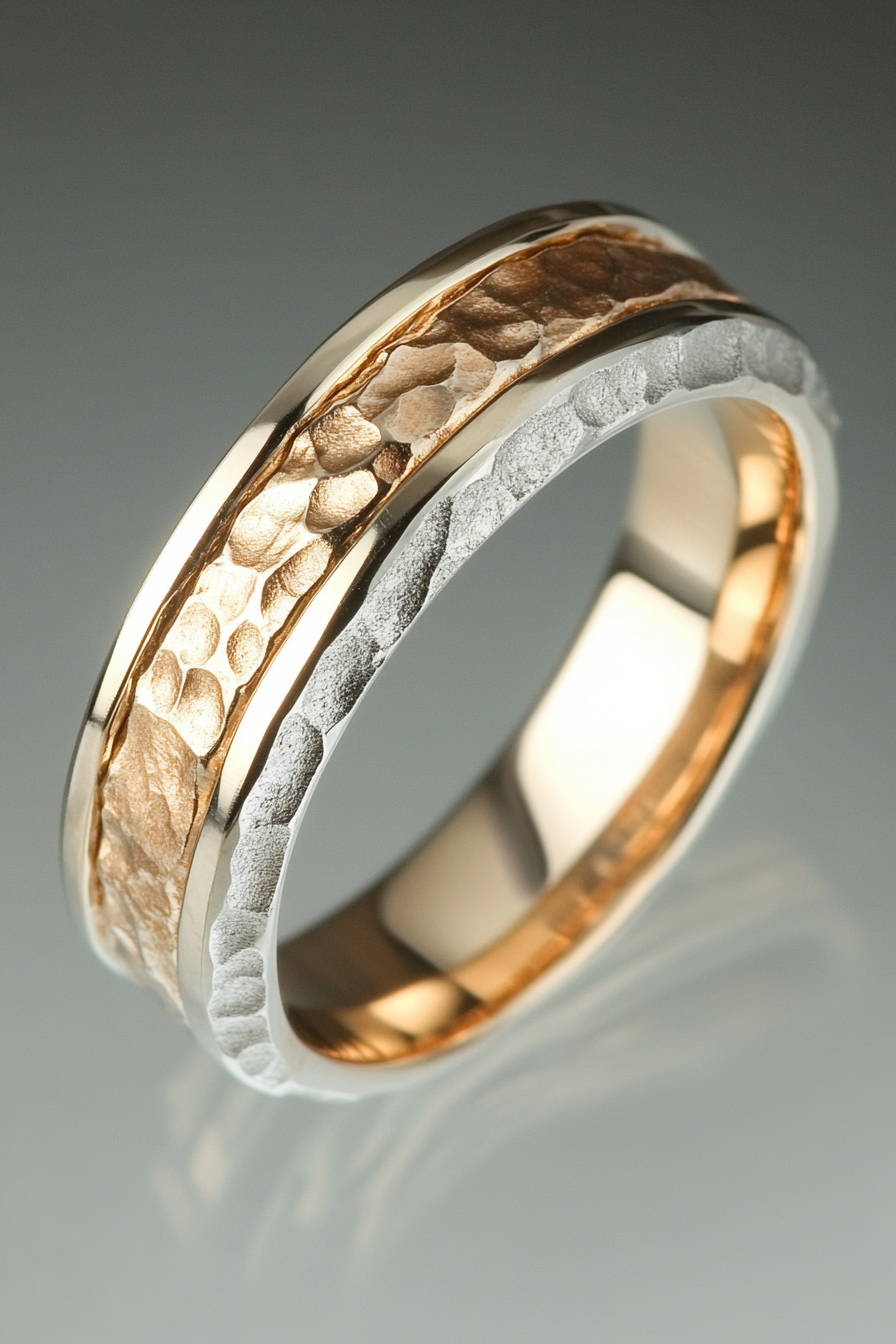 Wedding ring. Mixed metal layering, interior comfort-fit, geometric texture.