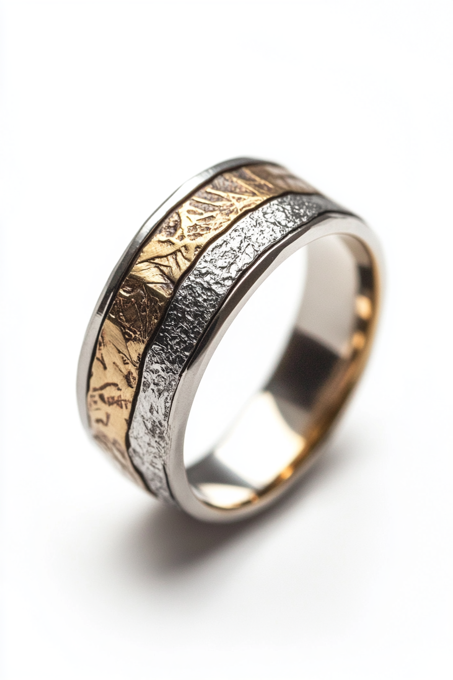 Wedding ring. Mixed-metal layers with comfort-fit interior and subtle geometric textures.