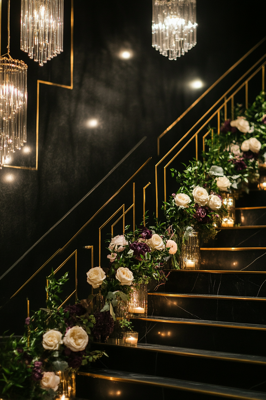 Wedding aesthetic. Gold geometric trim on black marble staircase beneath crystal chandeliers.