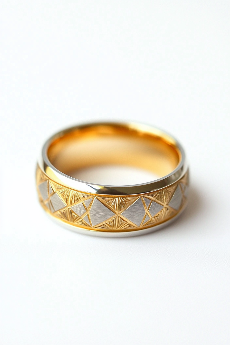 Wedding ring. Gold and silver layers with soft-fit interior and geometric engravings.