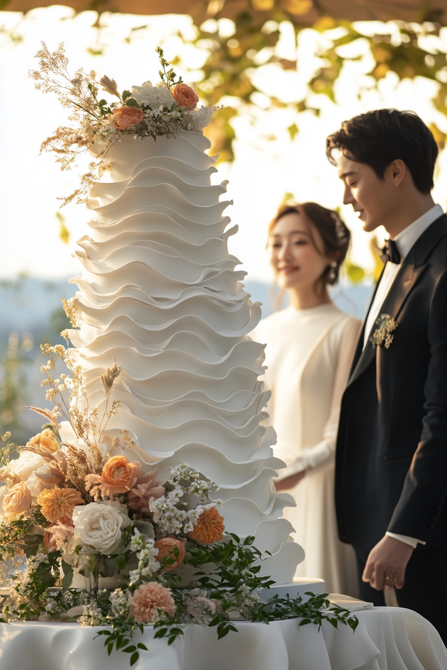 Oversized tiered wedding cake. Asymmetrical relaxed ripple design towering to couple's height.