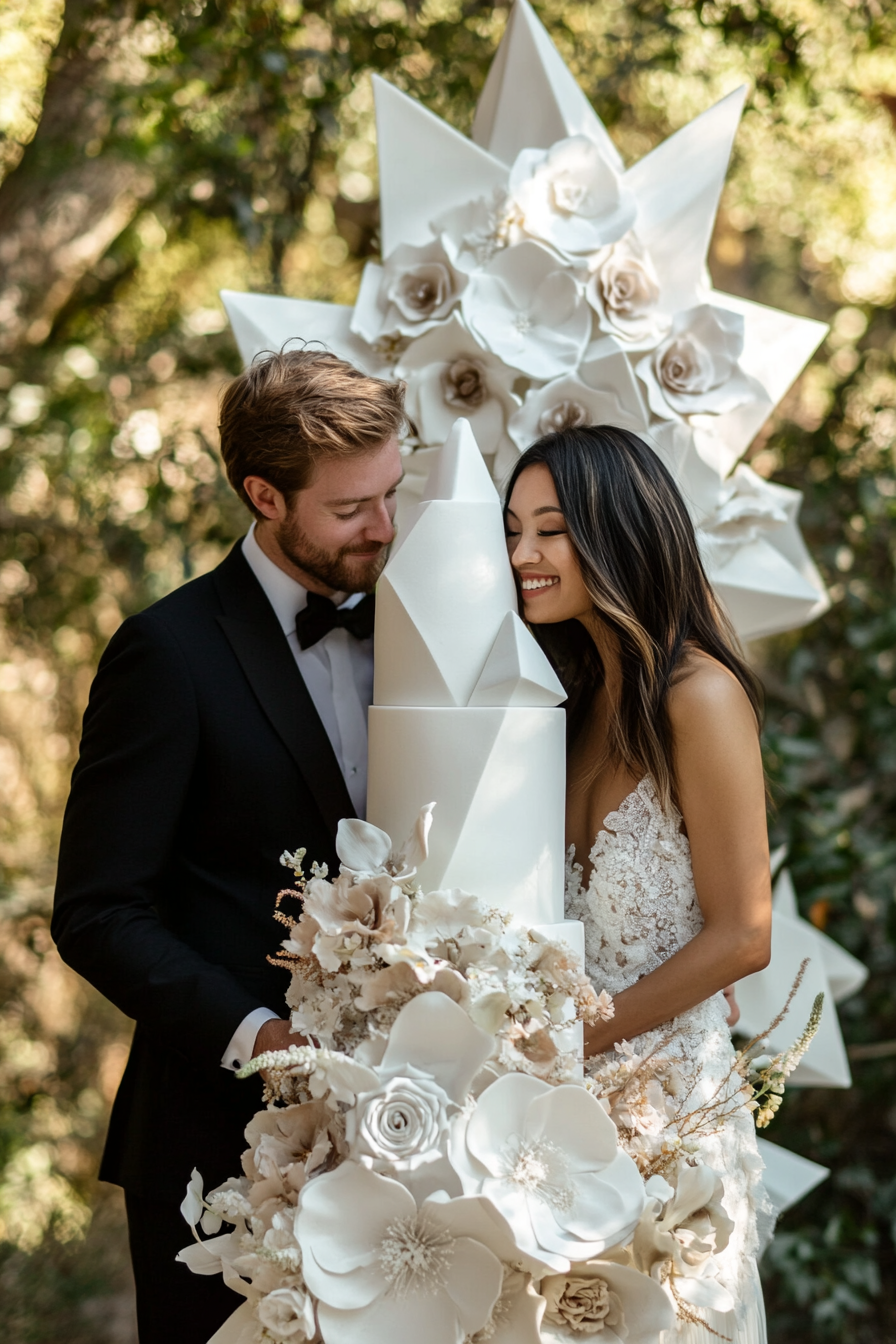 Oversized tiered wedding cake. Asymmetrical geometric shapes, complementing couple's height.