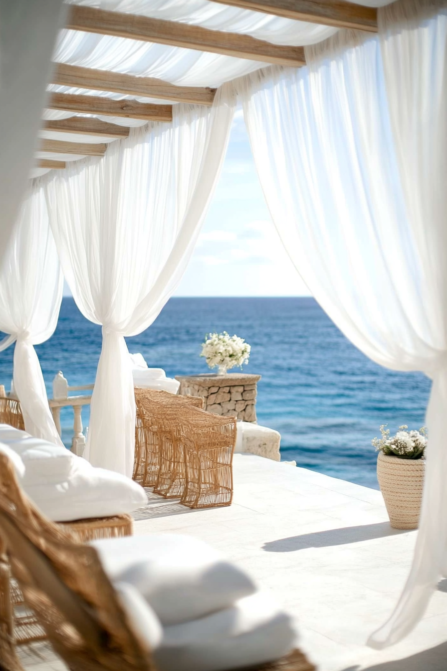 Wedding style. Pearl-white drapery, seagrass textures, shell accents, overlooking the blue ocean.