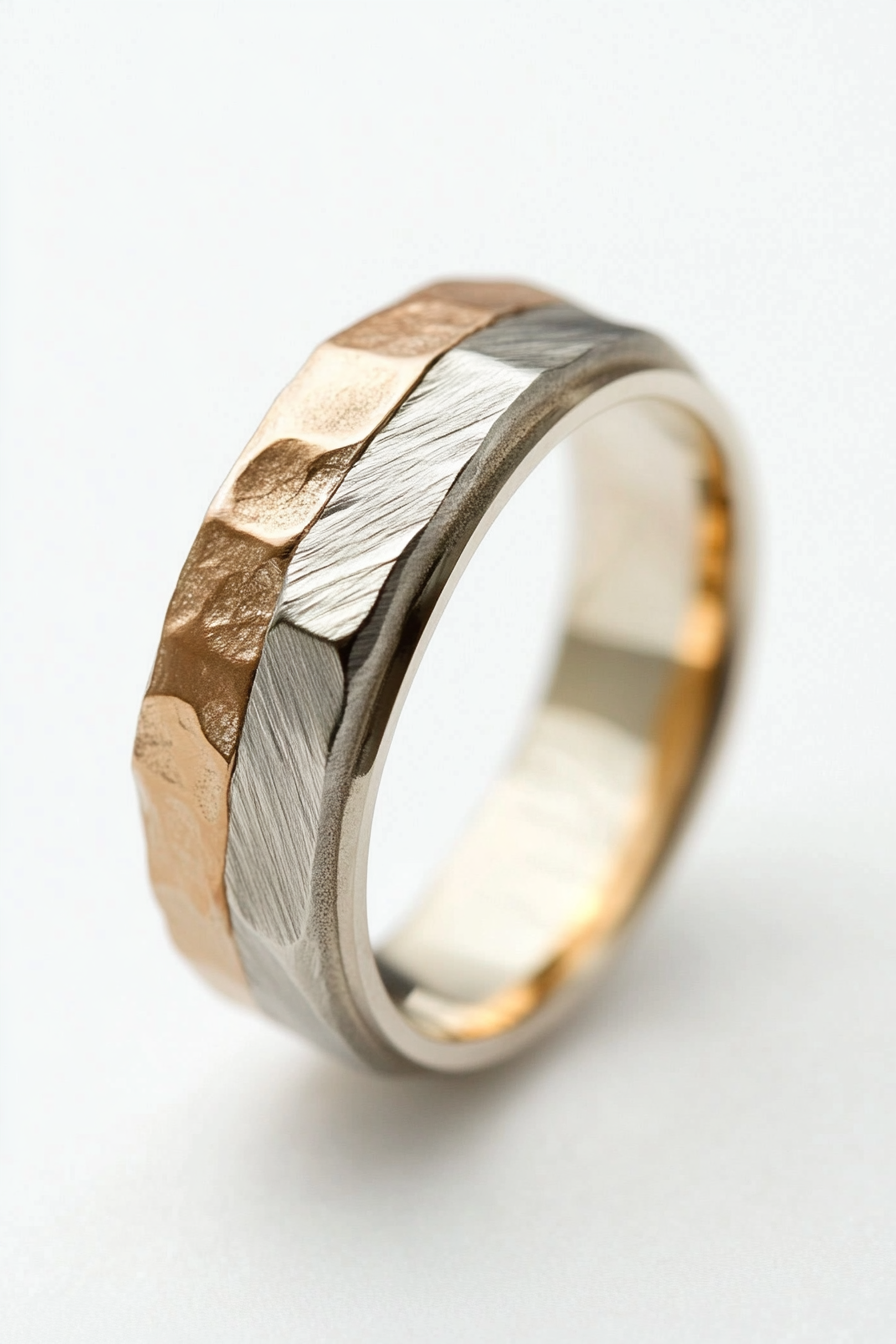 Wedding ring. Mixed metal layers with subtle geometric texture and comfort-fit interior.