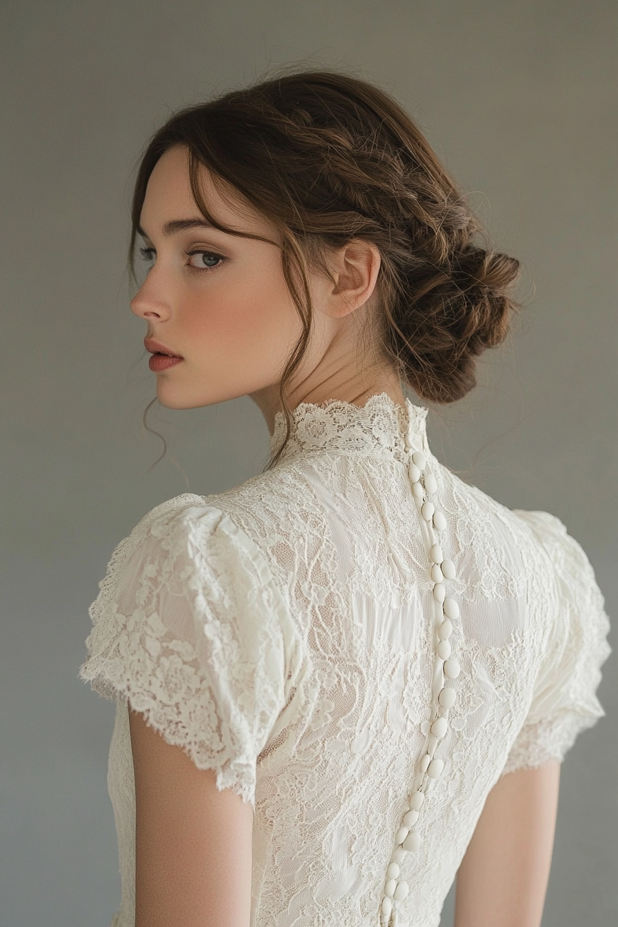 Bridal gown. Cotton lace overlay, prairie sleeves and vintage button back.