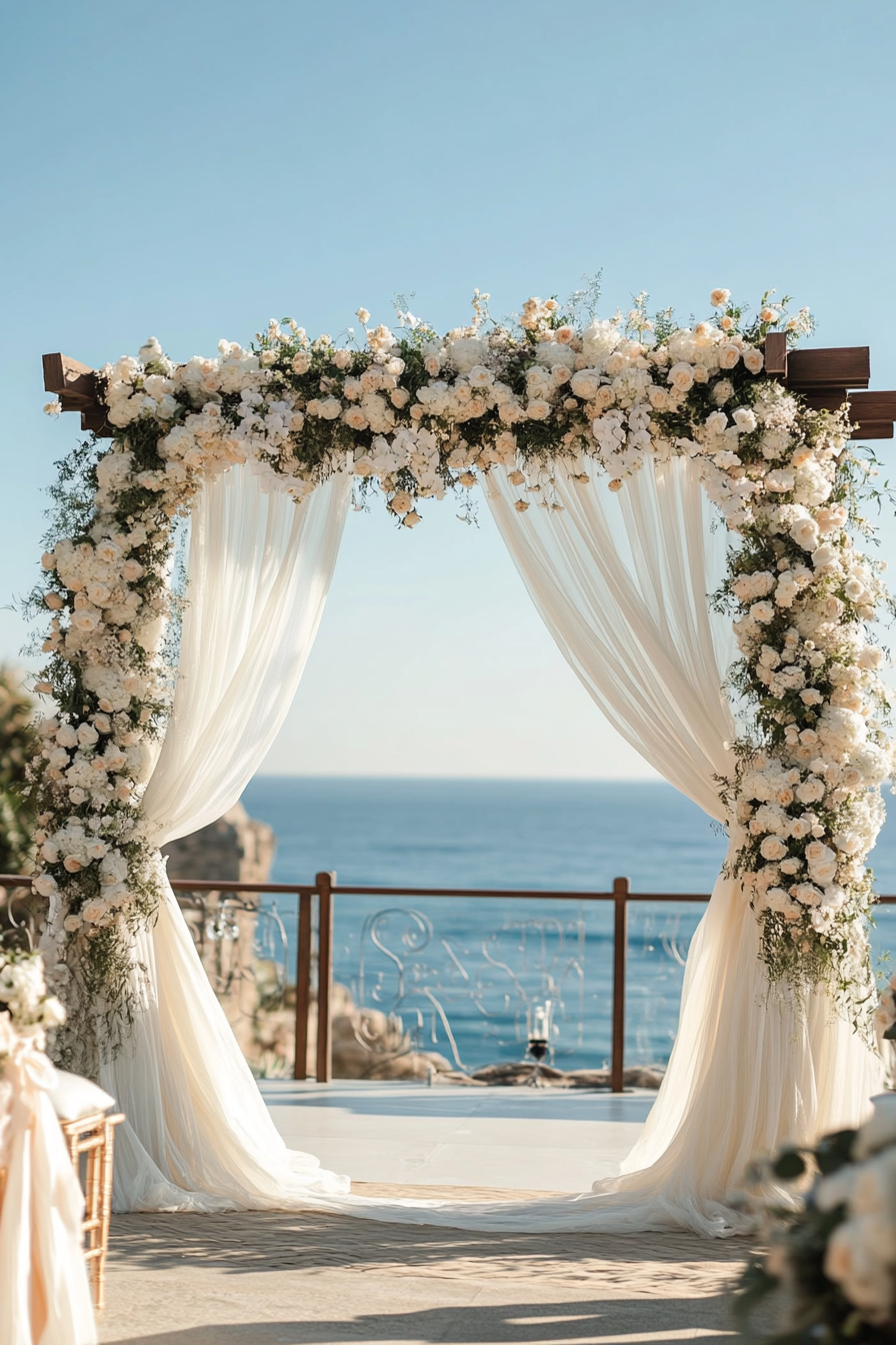 Wedding style. Seagrass woven altar with pearl-white draping and shell hued florals overlooking the ocean.