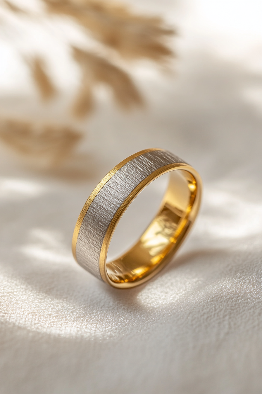 Wedding ring. Comfort-fit interior, two toned gold finish, subtle square embossed texture.