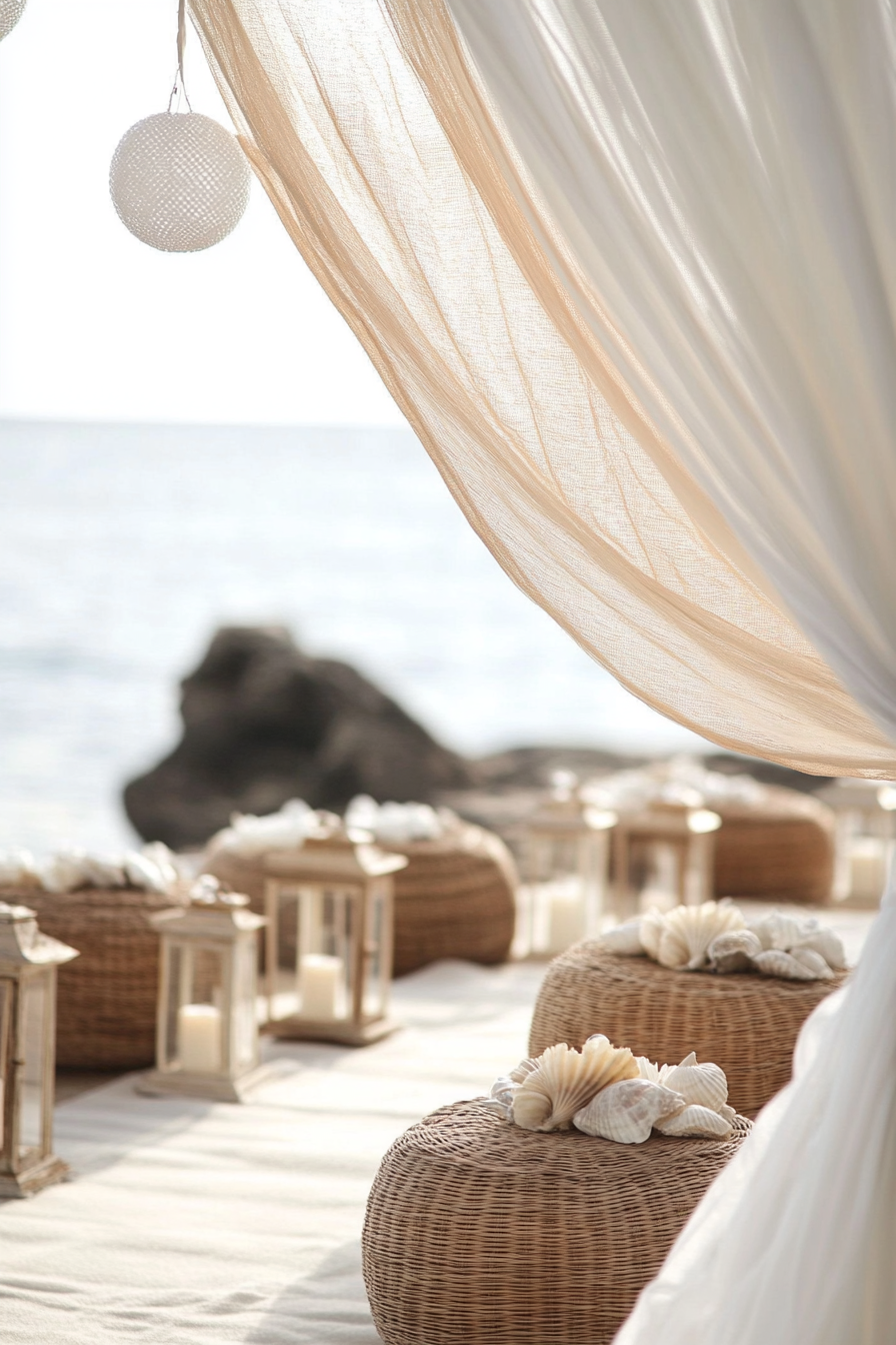 Wedding style. Pearl-white draping, seagrass accents, and shell-colored details with an ocean background.