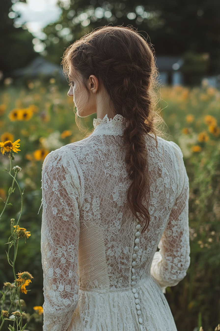 Bridal gown. Cotton lace overlay with prairie sleeves and vintage button back.