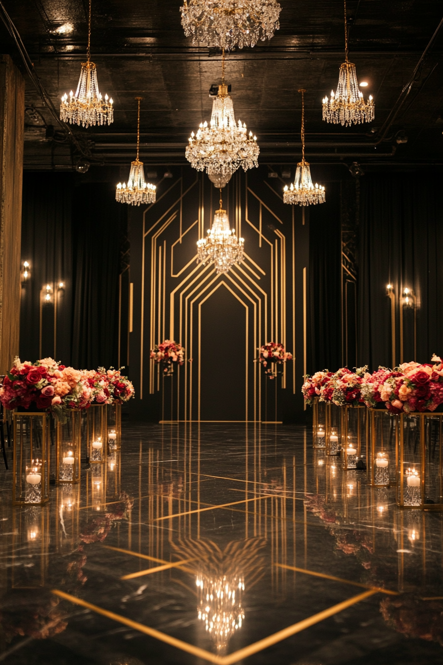 Wedding aesthetic. Gold geometric pattern on black marble aisle with crystal chandeliers.