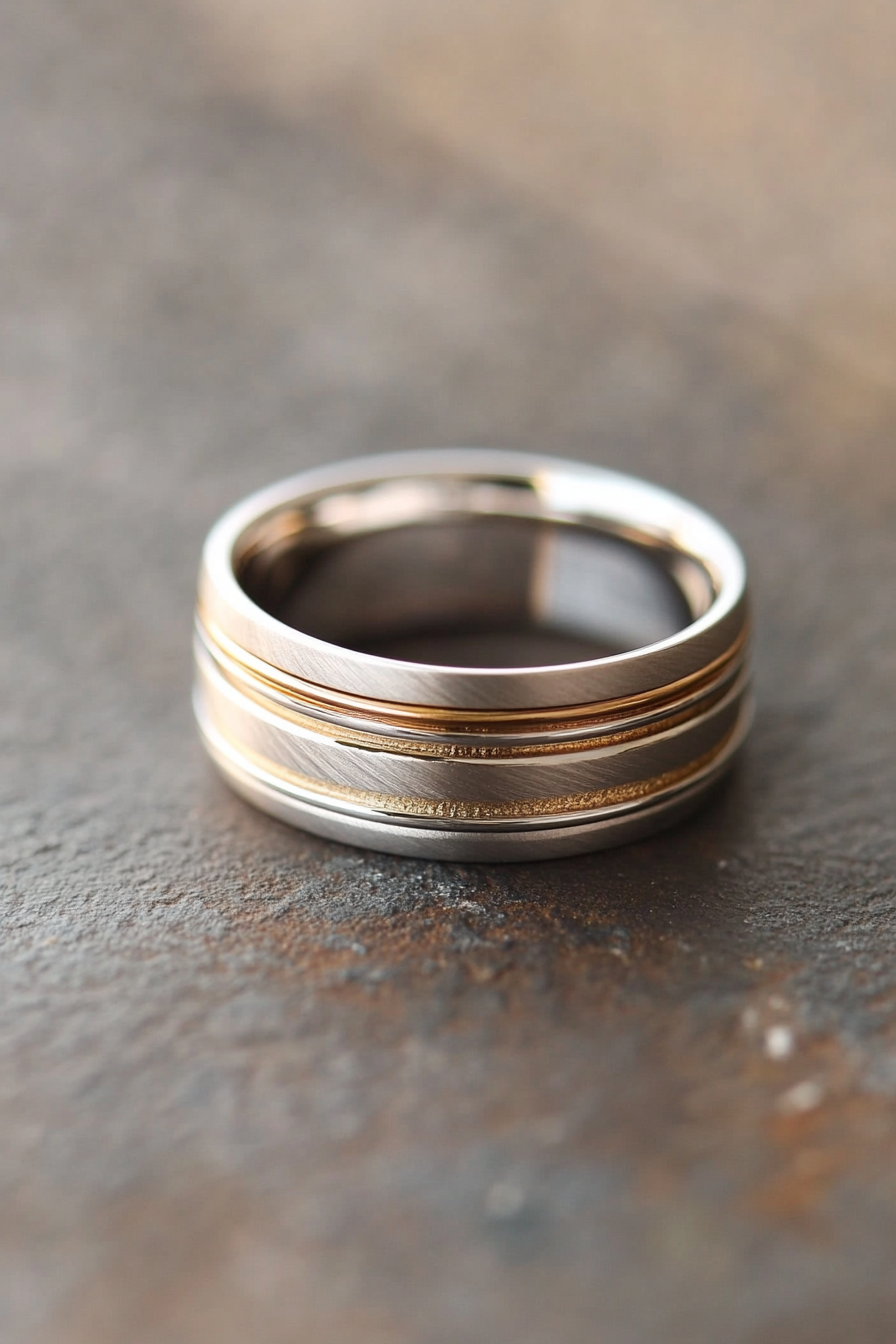 Wedding ring. Mixed metal layers with comfort-fit interior and subtle geometric texture details.