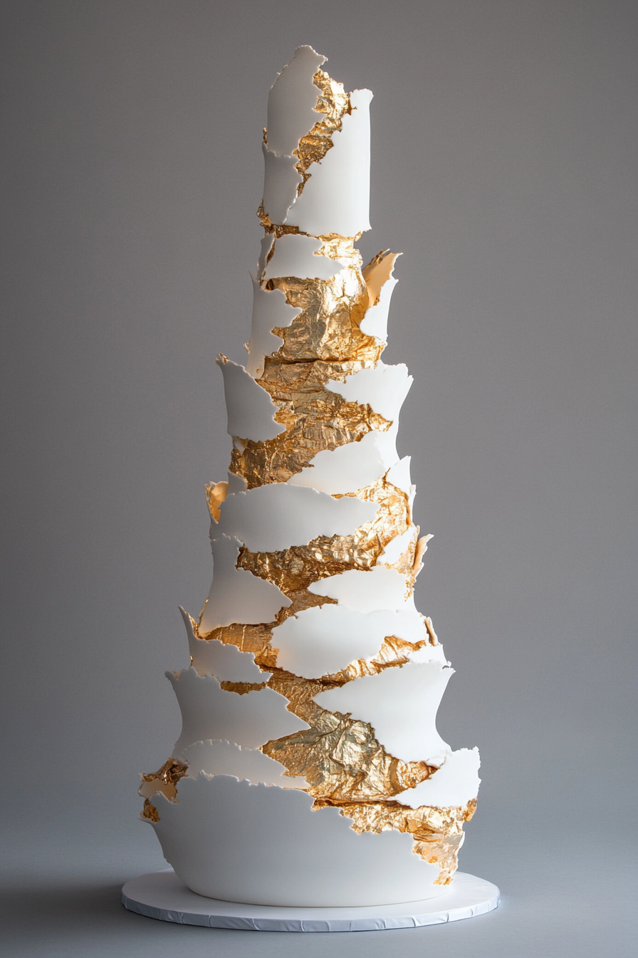 Wedding cake. Asymmetrical multi-tiered dessert, towering at six-feet, accentuated with gold leaf patterns.