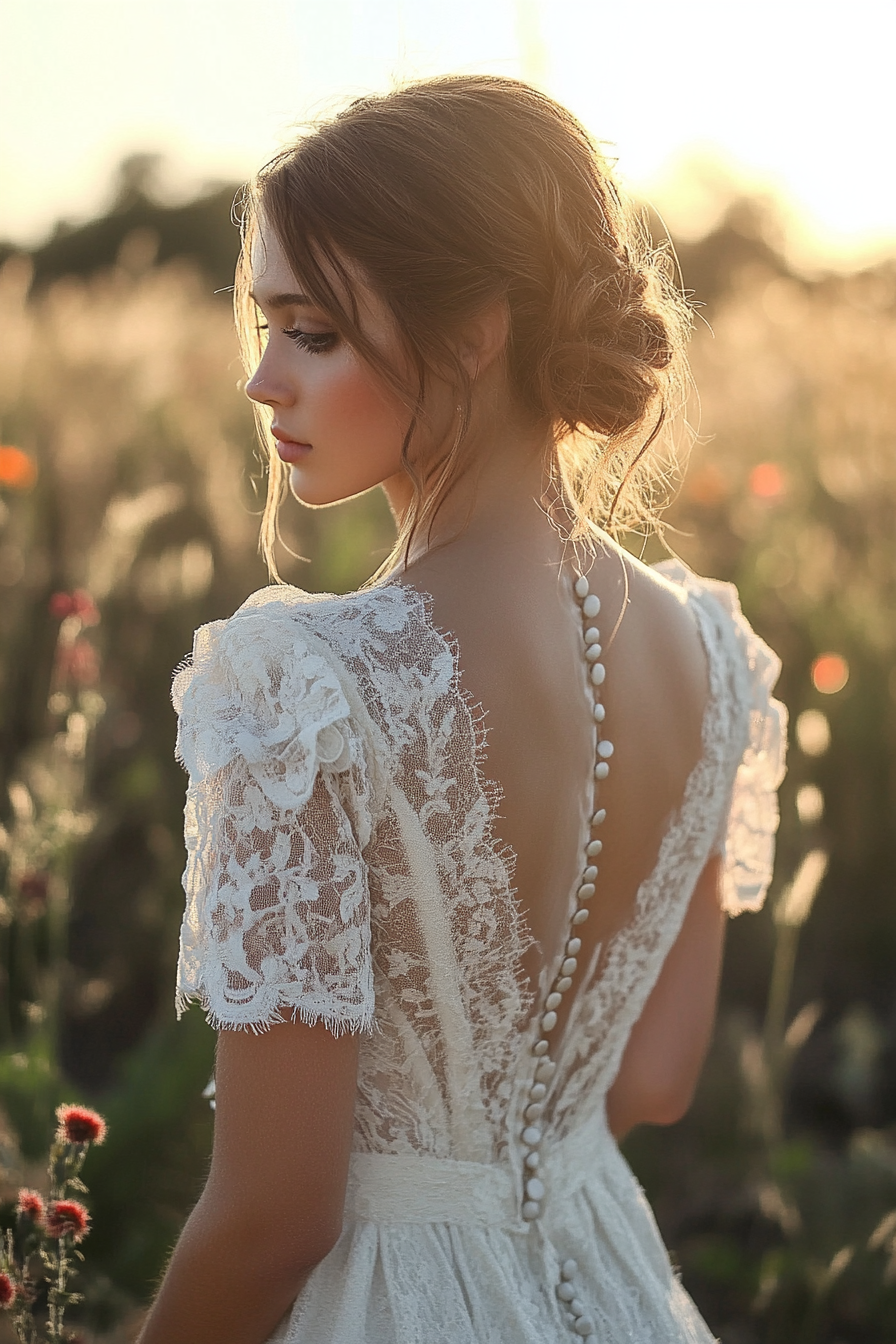 Bridal gown. Cotton lace overlay with prairie sleeves and vintage button back.