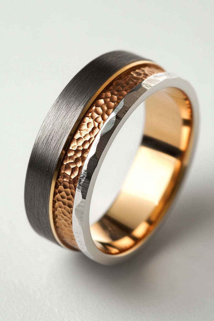 Wedding ring. Mixed metal layers with an embossed geometric textured detail and comfort-fit interior.