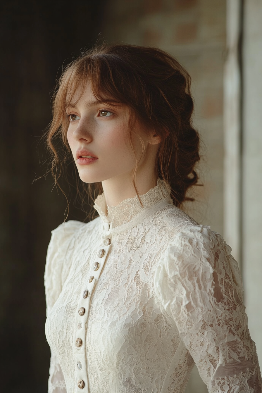 Bridal gown. Cotton lace overlay with prairie sleeves and vintage-inspired buttoned back.