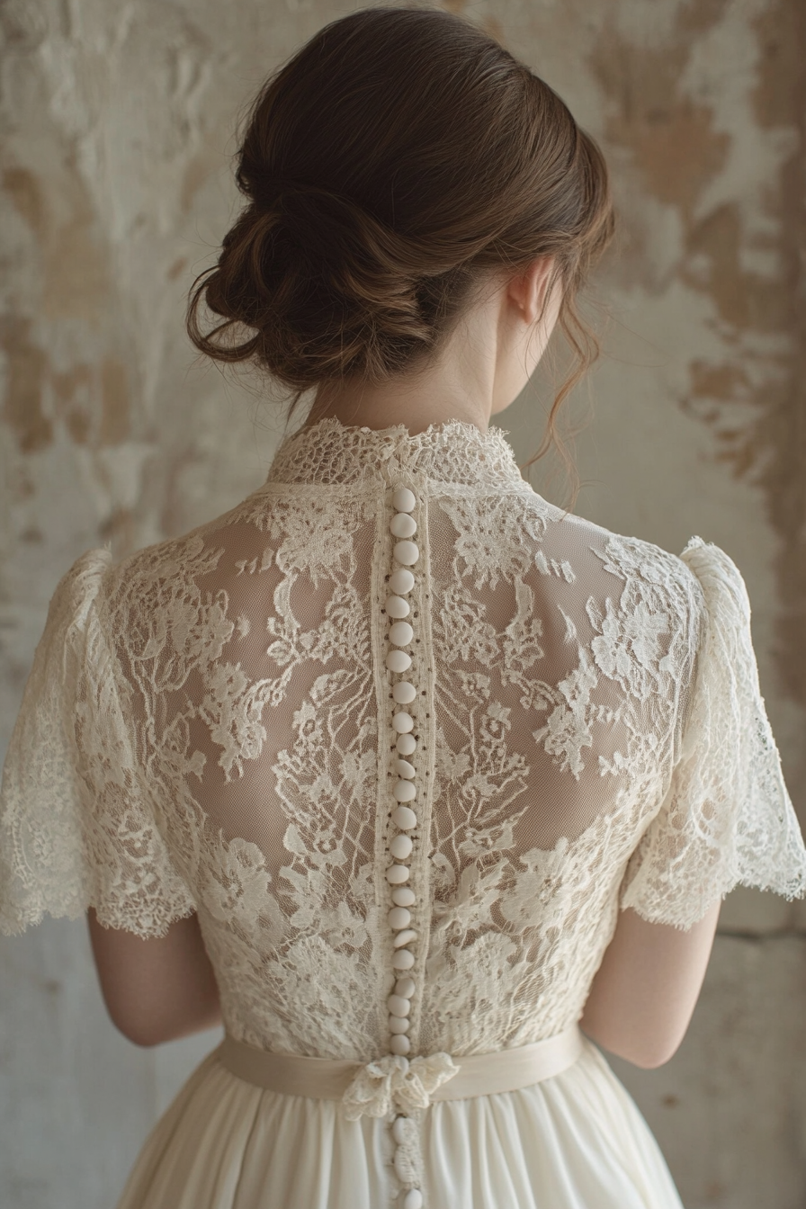 Bridal gown. Cotton lace overlay, prairie sleeve, vintage button back.