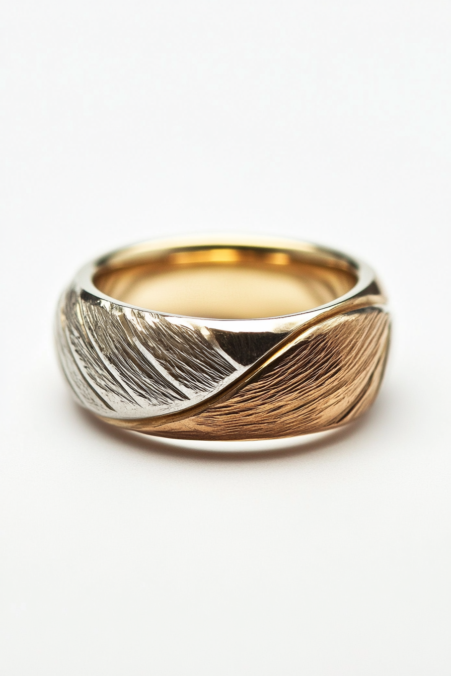 Wedding ring. Mixed metal layers, comfort-fit interior, subtle geometric texture.