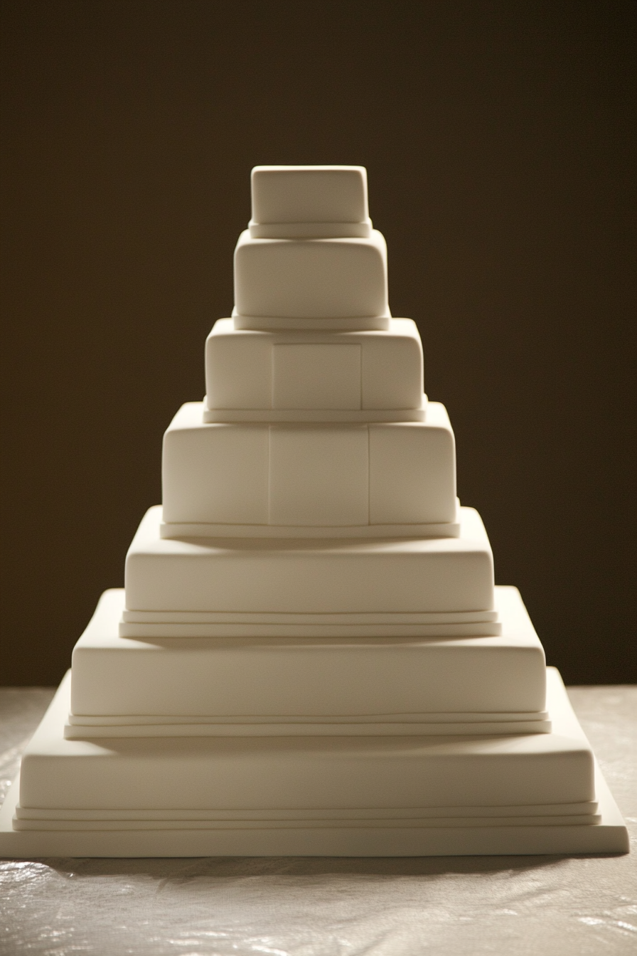 Wedding cake. 9-tiered asymmetrical square cake in chalk-white fondant.