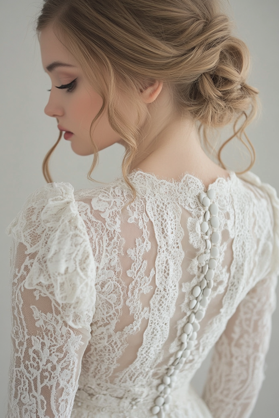 Bridal gown. Cotton lace overlay, prairie sleeves, vintage button back.