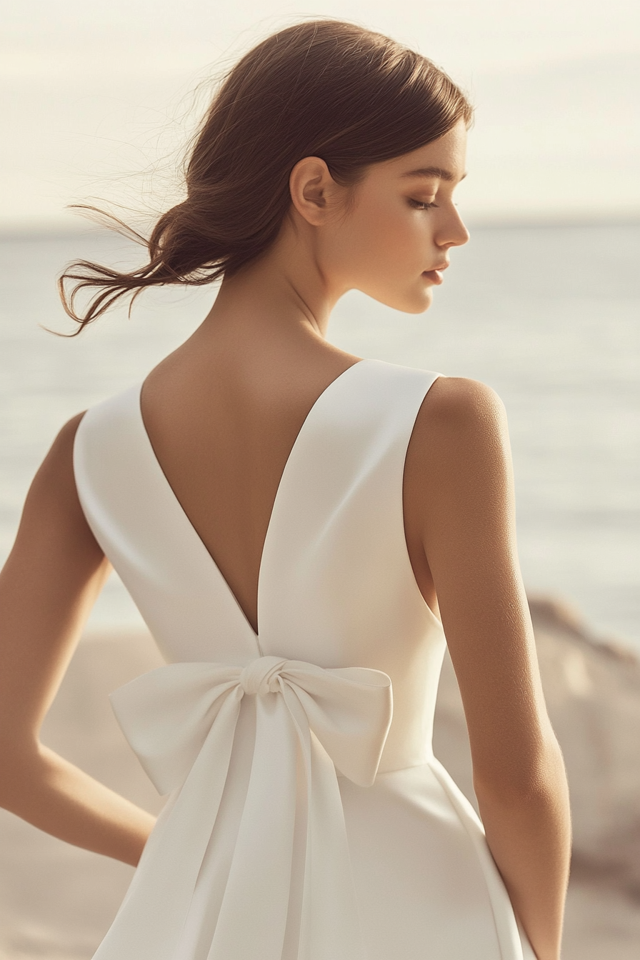 Wedding dress. Clean crepe silhouette, knee-length, with bow back detail.