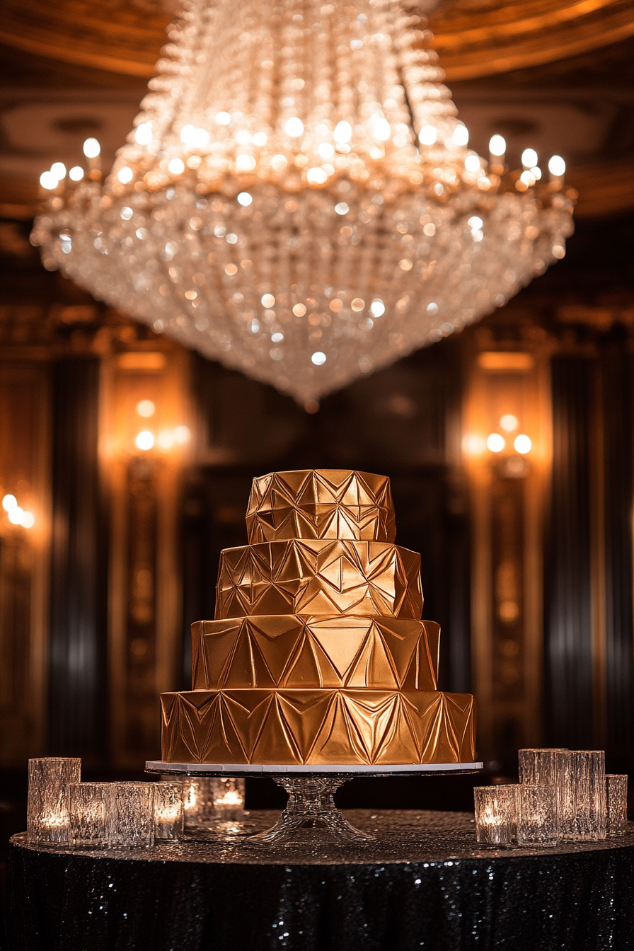 Wedding aesthetic. Gold geometric cake on black marble table under crystal chandelier.