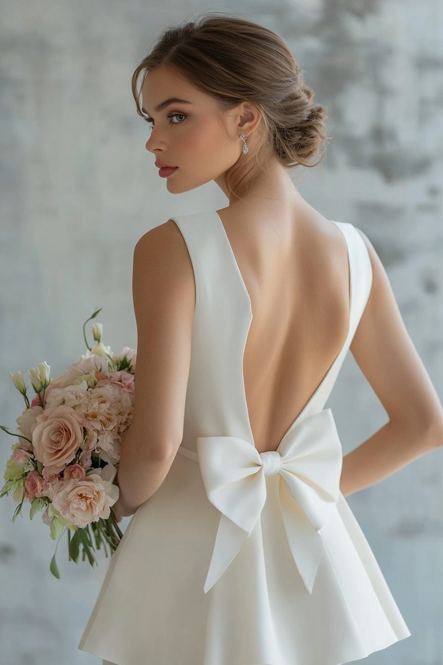 Wedding dress. Crepe silhouette, bow back detail, knee-length cut.