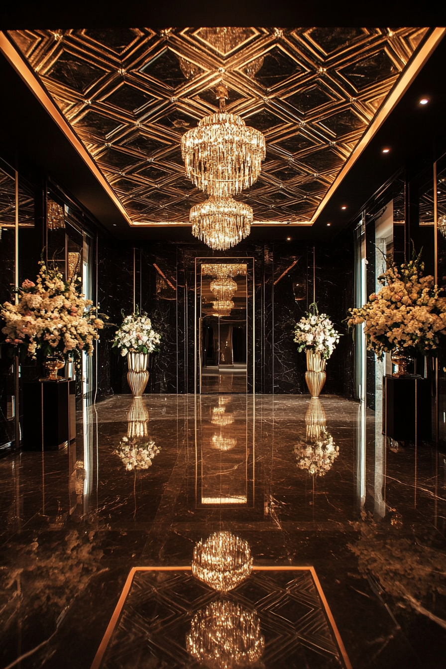 Wedding aesthetic. Gold geometric patterns, black marble, crystal chandeliers, stepped ceiling.