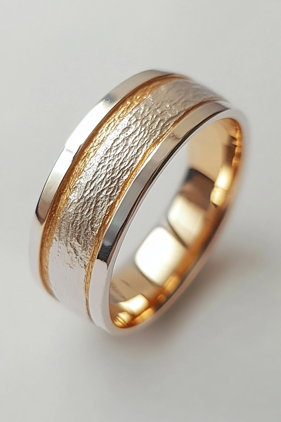 Wedding ring. Mixed metal layers, comfort-fit interior, geometric texture details.