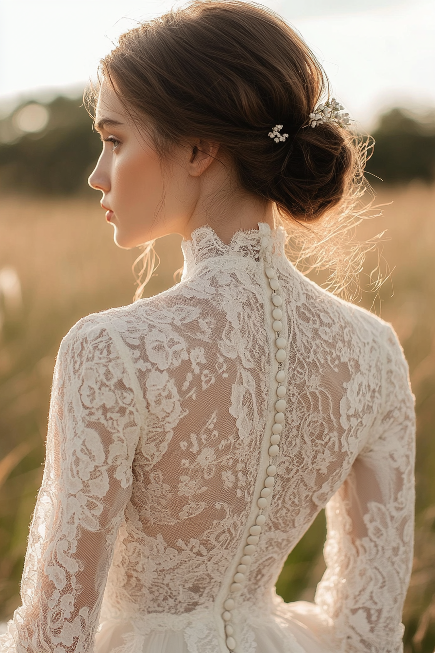 Bridal gown. Cotton lace overlay styled prairie sleeve, vintage-inspired button-back detail.