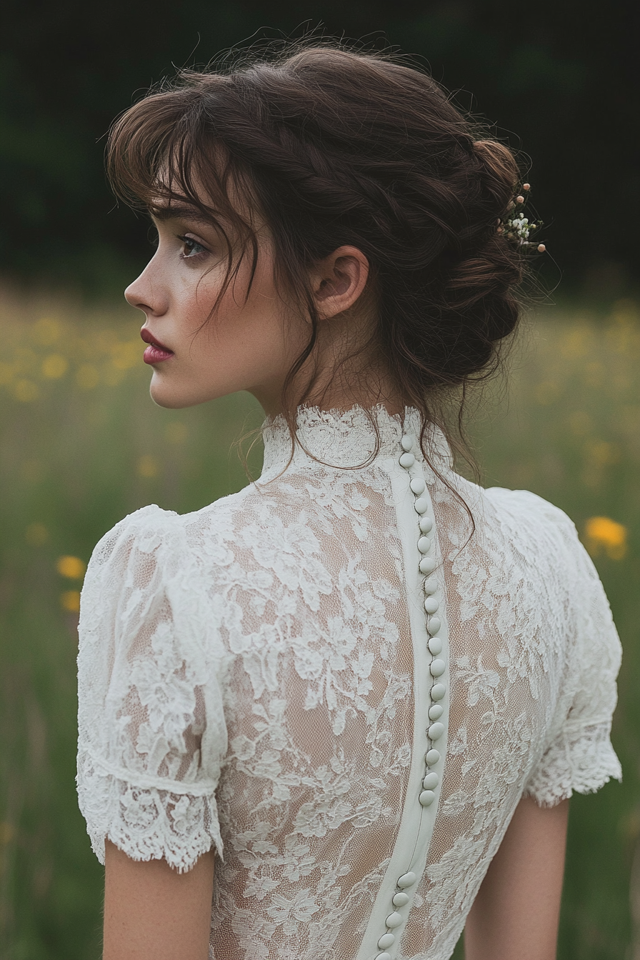 Bridal gown. Cotton lace overlay, prairie sleeves, vintage-inspired button back.