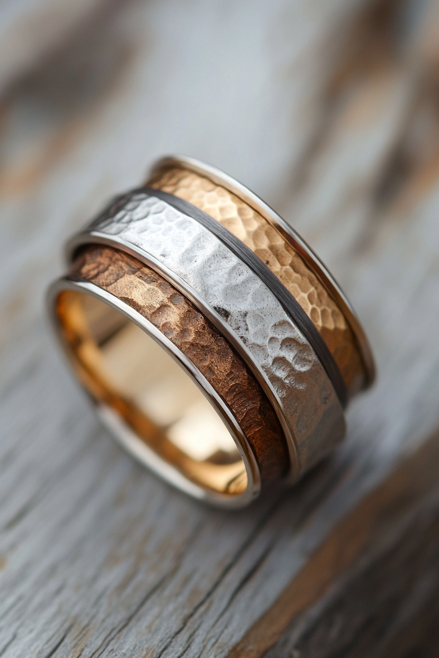 Wedding ring. Mixed metal layers with comfort-fit interior and geometric texture.