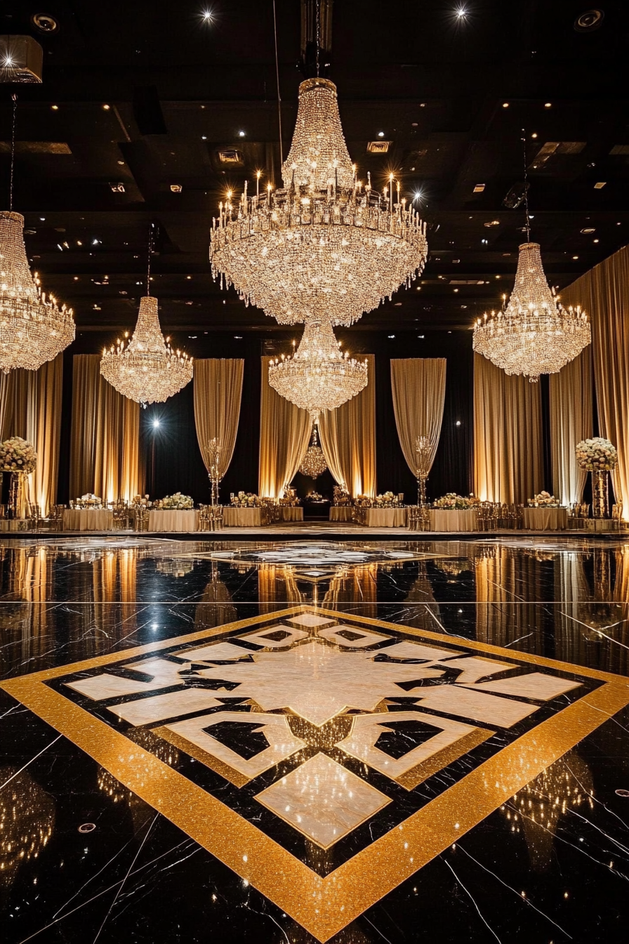 Wedding aesthetic. Black marble floor with gold geometric pattern under crystal chandeliers.