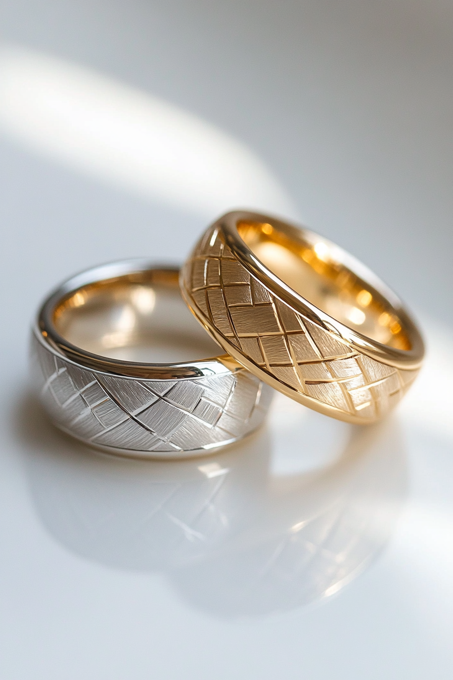 Wedding ring. Gold and platinum layered bands with rhombus etchings and rounded edges.