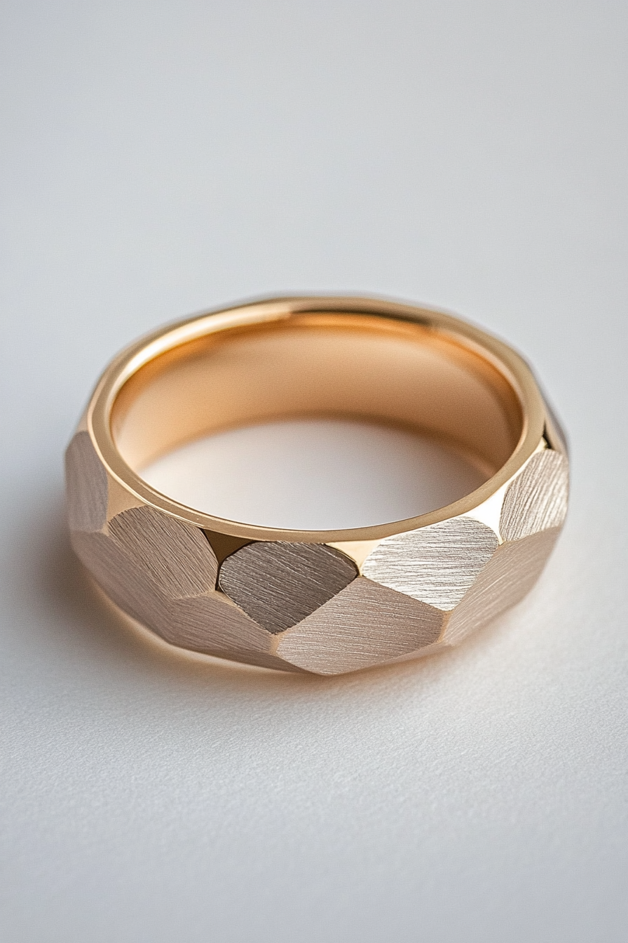 Wedding ring. Mixed gold layers, comfort fit interior, subtle-outlined geometric texture details.