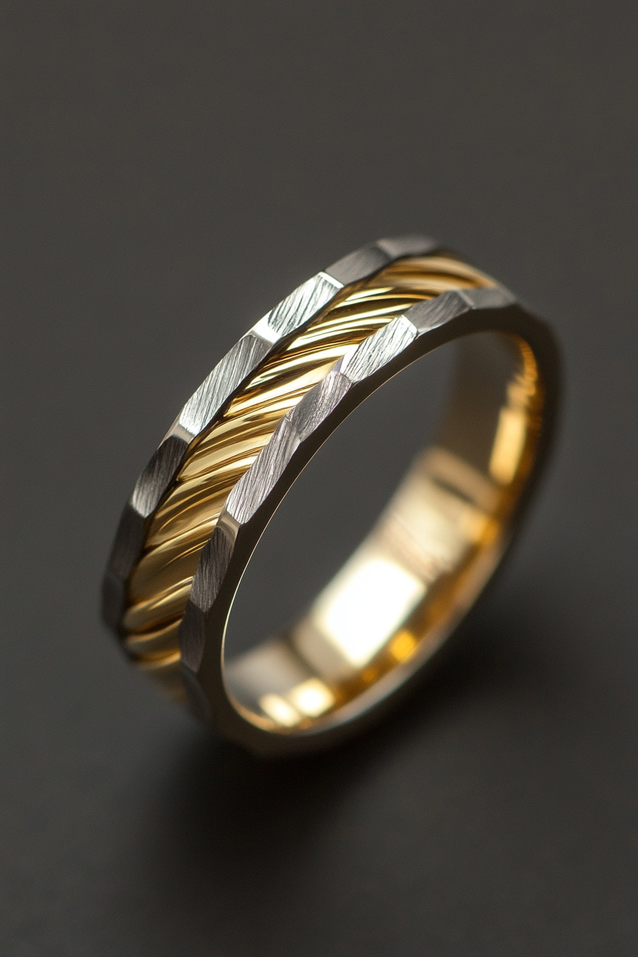 Wedding ring. Gold and silver layers, comfort-fit interior, geometric texture.