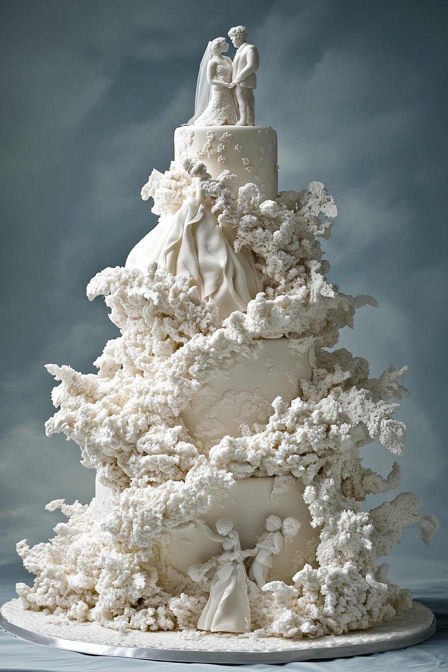 Oversized wedding cake. Tiered with asymmetrical white sponge ambrosia and powered sugar couple figures.