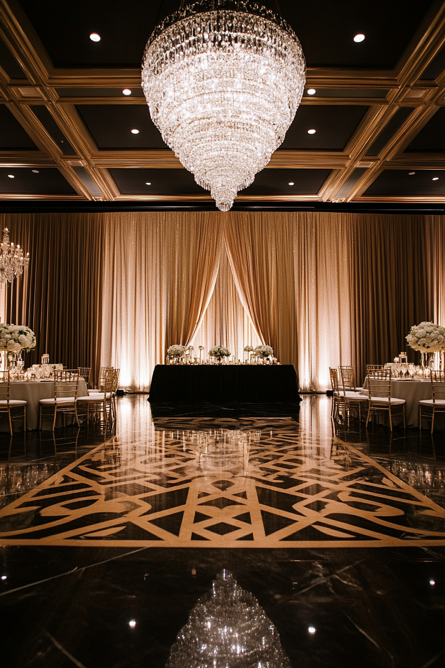 Wedding aesthetic. Gold geometric patterns on black marble floor beneath crystal chandeliers.